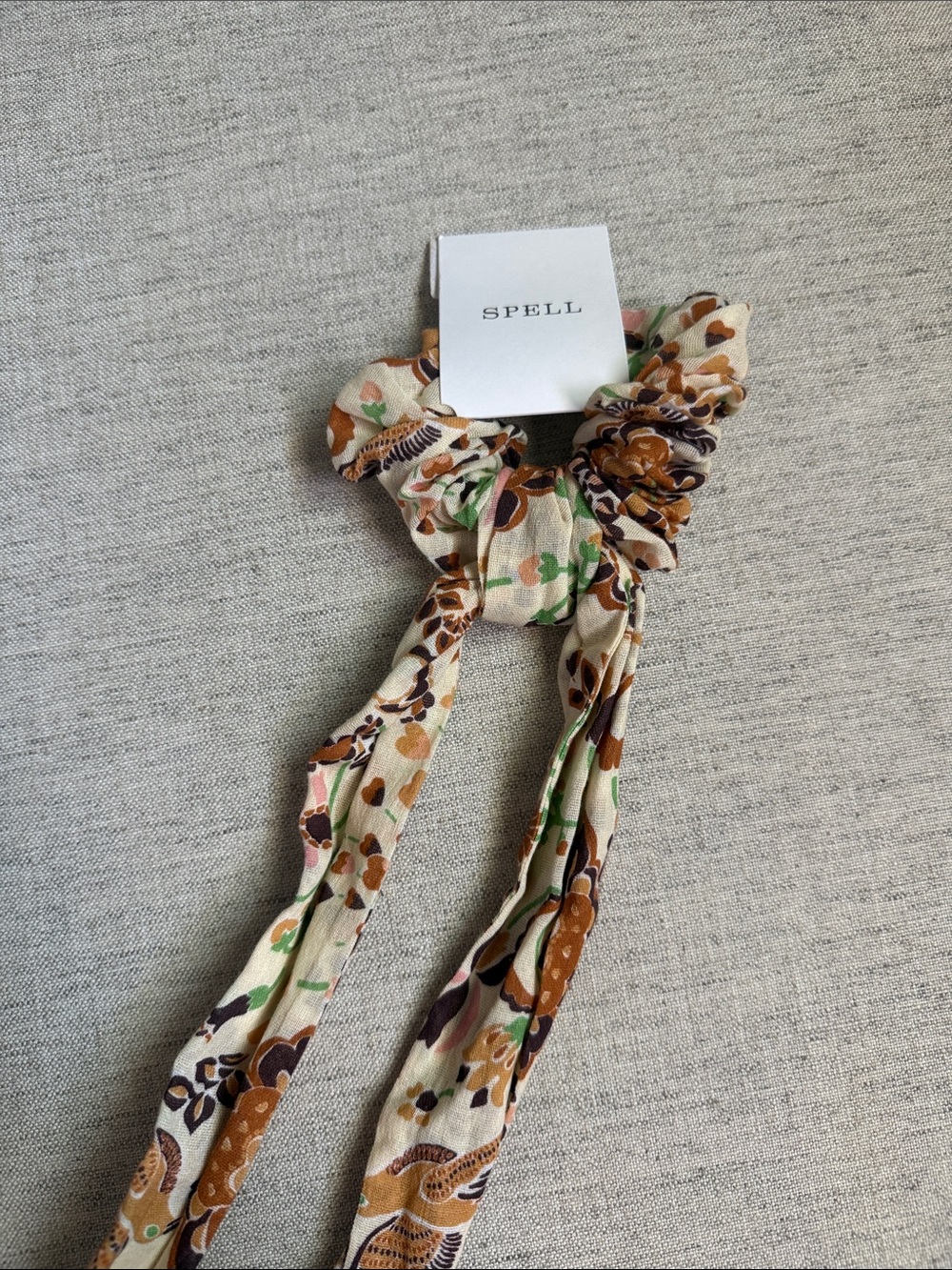 SPELL Beige Floral Tie Scrunchie with Tails